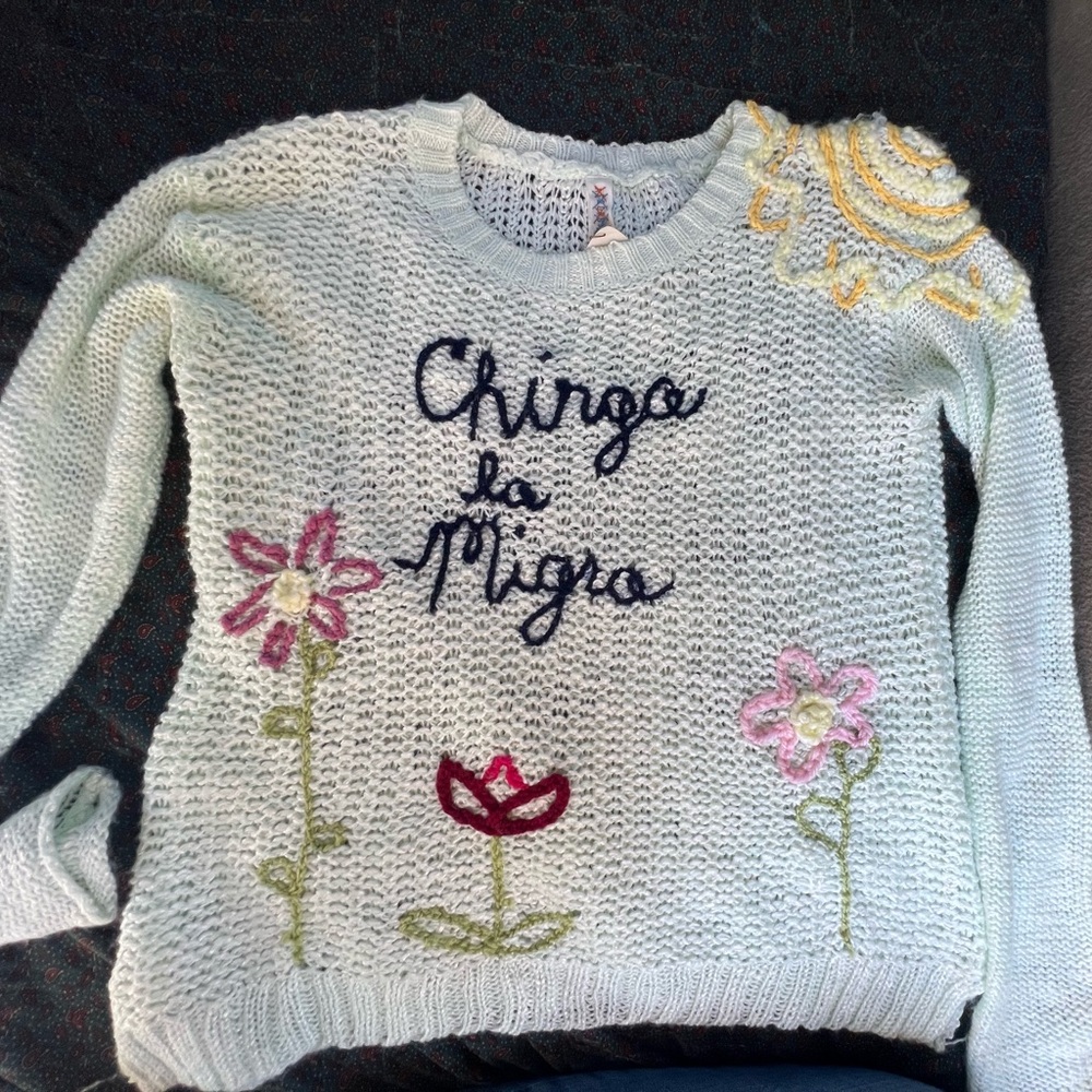 Up-cycled protest/anti ICE sweater (light blue)